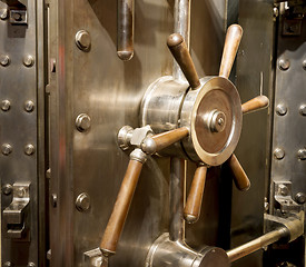 Image showing Front of Bank Vault Massive Door Handle Combination Lock Dial