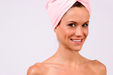 Image showing Smiling Attractive Female Model Bare Skin Shower Pink Hair Towel