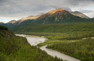 Image showing The Matanuska River cuts Through Woods at Chugach Mountains Base