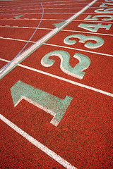 Image showing Stadium Running Track Lane Markers Sports Field Number Markings