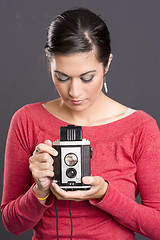 Image showing Vintage Photographer Attractive Woman Holding Camera Waist Finde