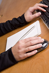 Image showing Beautiful Manicured Female Hands Work Mouse Notepad Pen Computer