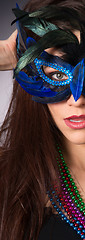 Image showing Attractive Brunette Woman Gypsy Costume Feathered Face Mask Fash