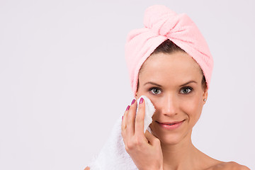 Image showing Smiling Attractive Female Model Bare Skin Shower Towel Drying