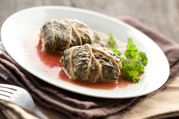 Image showing Dolmades with rhubarb leaves, meat and rice 