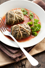 Image showing Dolmades with rhubarb leaves, meat and rice 