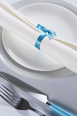 Image showing Table setting in blue and white