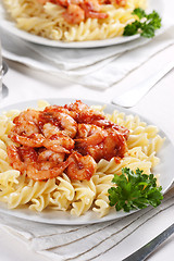 Image showing Pasta with tomato and shrimps