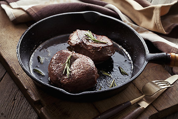 Image showing Beef steak in pan