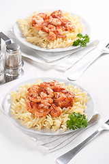 Image showing Pasta with tomato and shrimps