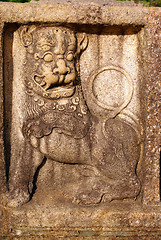 Image showing Lion on the stone wa;;