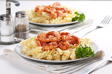 Image showing Pasta with tomato and shrimps