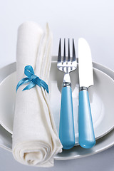 Image showing Table setting in blue and white