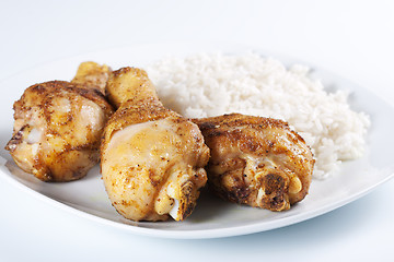 Image showing Roasted chicken legs with boiled rice