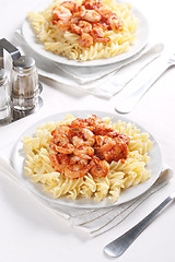 Image showing Pasta with tomato and shrimps