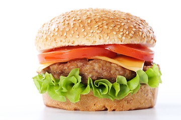 Image showing Cheeseburger with tomatoes and lettuce