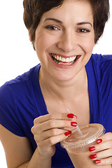 Image showing Happy Excited Woman Drinks Blended Healthy Food Fruit Smoothie D