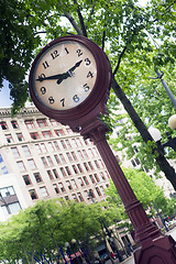 Image showing Large Victorian Style Clock Mounted Lamp Post Timpiece City Down