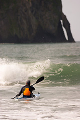 Image showing Male Sportsman Rides Sea Kayak Through Big Waves Pacific Ocean