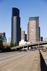 Image showing Interstate 5 Highway Cuts Through Downtown Seattle Skyline Moder
