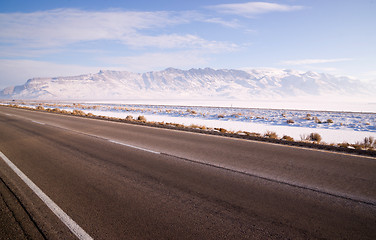 Image showing Lonesome Road Winter Freeze Utah Mountain Highway Salt Flats