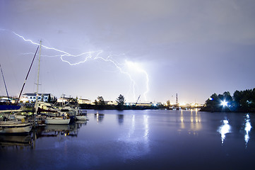 Image showing Thunderstorm Lightning Over Thea Foss Waterway Boats Tacoma Wash