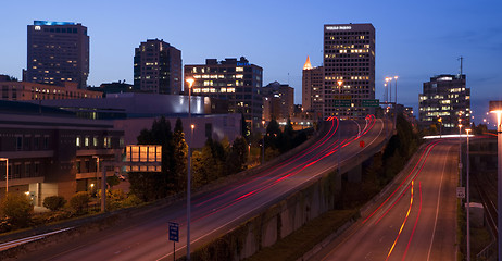 Image showing Interstate 705 City Center Tacoma Washington Skyline ay Dusk