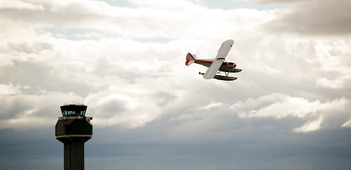 Image showing Prop Airplane Pontoon Plane Flying Airport Control Tower Last Fr