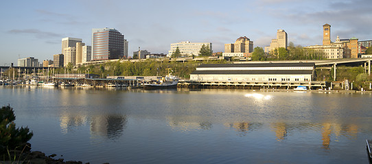 Image showing Thea Foss Waterway Waterfront Ridge of Buildings Downtown Tacoma