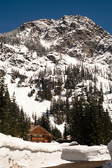 Image showing Beautiful Wood Shingle Chalet Base North Cascade Mountains Snowy