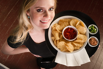 Image showing Beautiful Blonde Server Waitress Carries Tray Wine Glasses Blue 