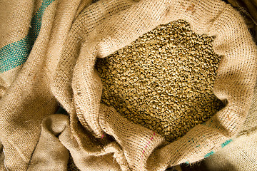 Image showing Raw Coffee Seeds Bulk Burlap Bag Agriculture Bean Produce