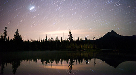 Image showing Late Night Star Trails Oregon Mountain Lake Landscape Long Expos