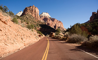 Image showing Road Sunrise High Mountain Buttes Zion National Park Desert Sout