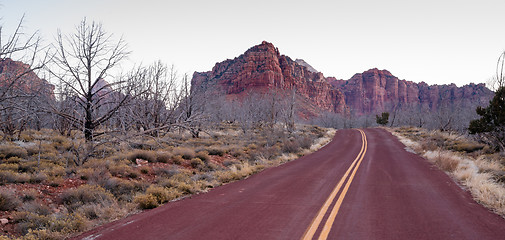 Image showing Road Sunrise High Mountain Buttes Zion National Park Desert Sout