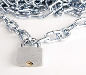 Image showing Link Chain Connected By Keyed Steel Locking Padlock on White