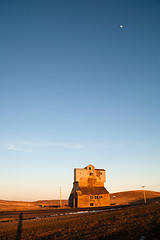 Image showing Unique Shape Farm Barn Building Full Moon Country Night