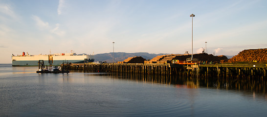 Image showing Shipping Lane Columbia River Large Ship Passes Log Pier