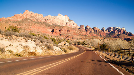 Image showing Road Sunrise High Mountain Buttes Zion National Park Desert Sout