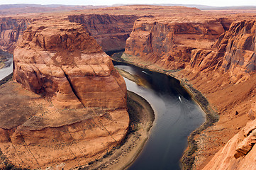 Image showing Two Boats Navigate Colorado River Deep Canyon Horseshoe Bend Sou