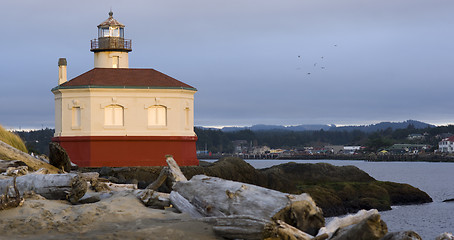 Image showing Coquille River Lighthouse Beach Driftwood Marina Town Cityscape