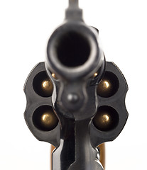 Image showing Revolver 38 Caliber Pistol Loaded Cylinder Gun Barrel Pointed