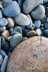 Image showing Smooth Pacific Ocean Beach Round Rocks Wet Slate Granite 