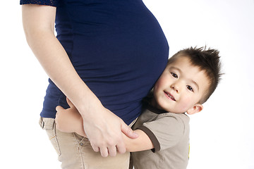 Image showing Firstborn Child Boy Hugs Mothers Pregant Belly Ready for Sister