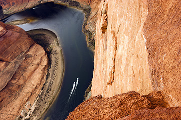 Image showing Two Boats Navigate Colorado River Deep Canyon Horseshoe Bend Sou