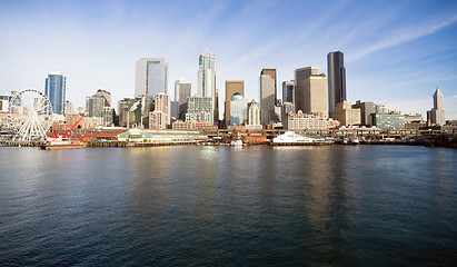 Image showing Waterfront Piers Dock Buildings Ferris Wheel Boats Seattle Ellio