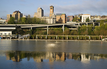 Image showing Thea Foss Waterway Waterfront Ridge of Buildings North Tacoma Wa