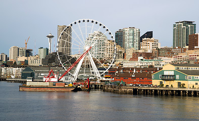 Image showing Waterfront Piers Dock Buildings Needle Ferris Wheel Seattle Elli