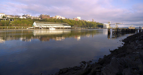 Image showing Thea Foss Waterway Waterfront Ridge of Buildings North Tacoma Wa