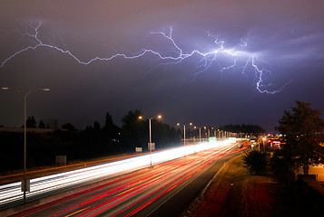 Image showing Rare Thunderstorm Producing Lightning Over Tacoma Washington I-5